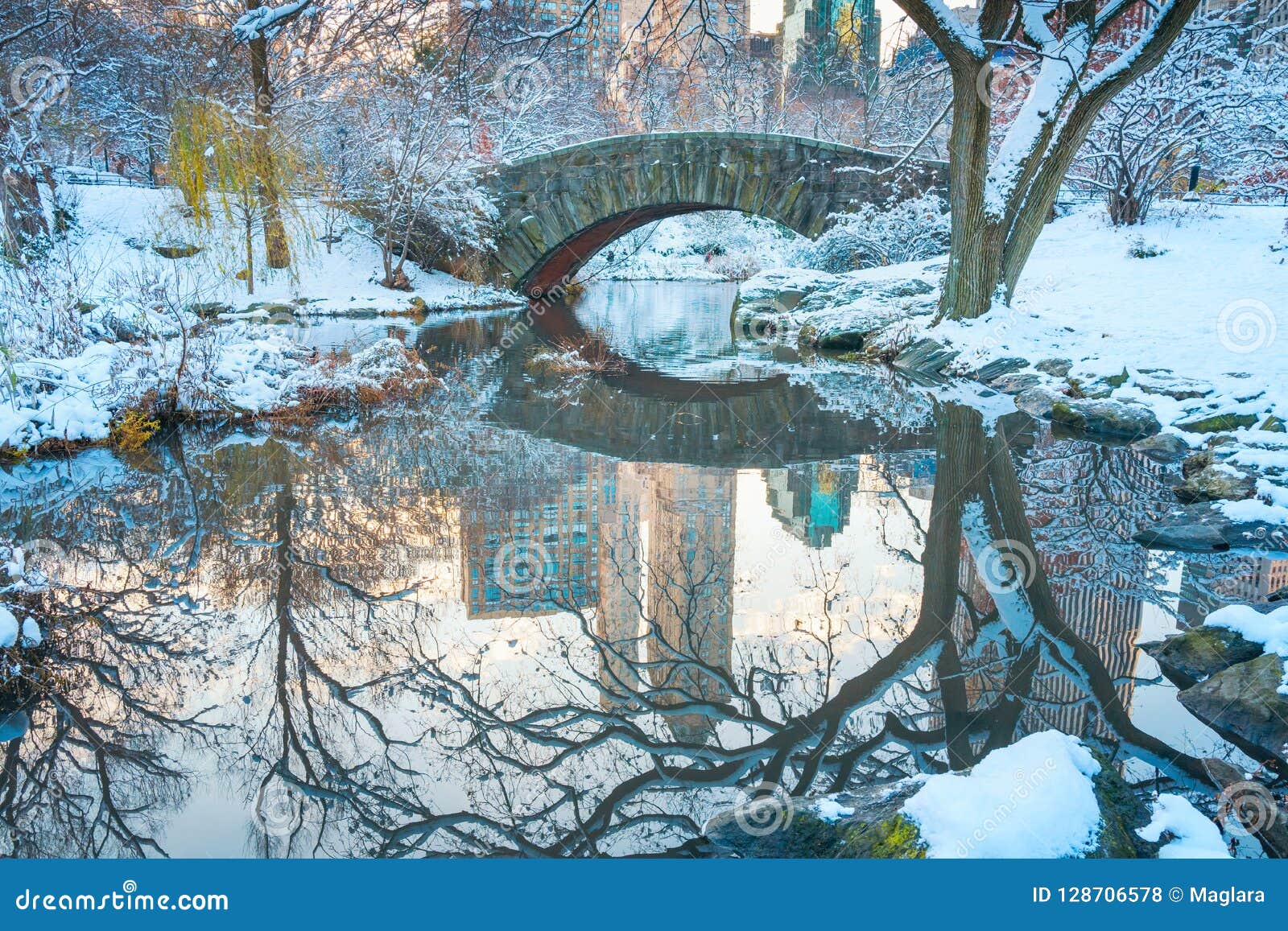 central park. new york. usa in winter covered with snow. gapstow bridge.