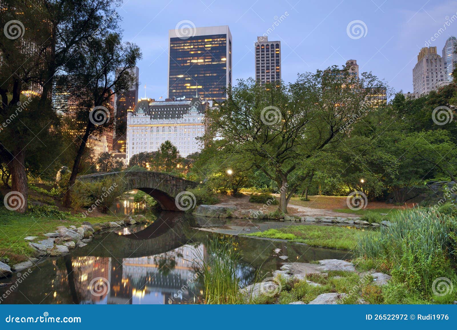 Central Park и горизонт Манхаттан. Изображение Central Park и моста Gapstow в New York City, США.