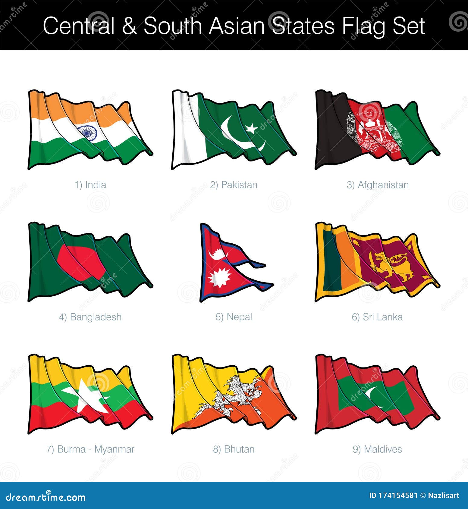 central and south asian states waving flag set