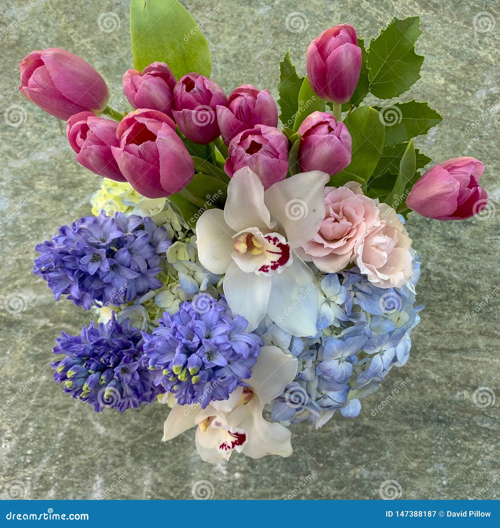 Centro De Flores Del Día De Madre Que Ofrece Tulipanes, Orquídeas,  Hydrangia Y Rosas Imagen de archivo - Imagen de amarillo, blanco: 147388187
