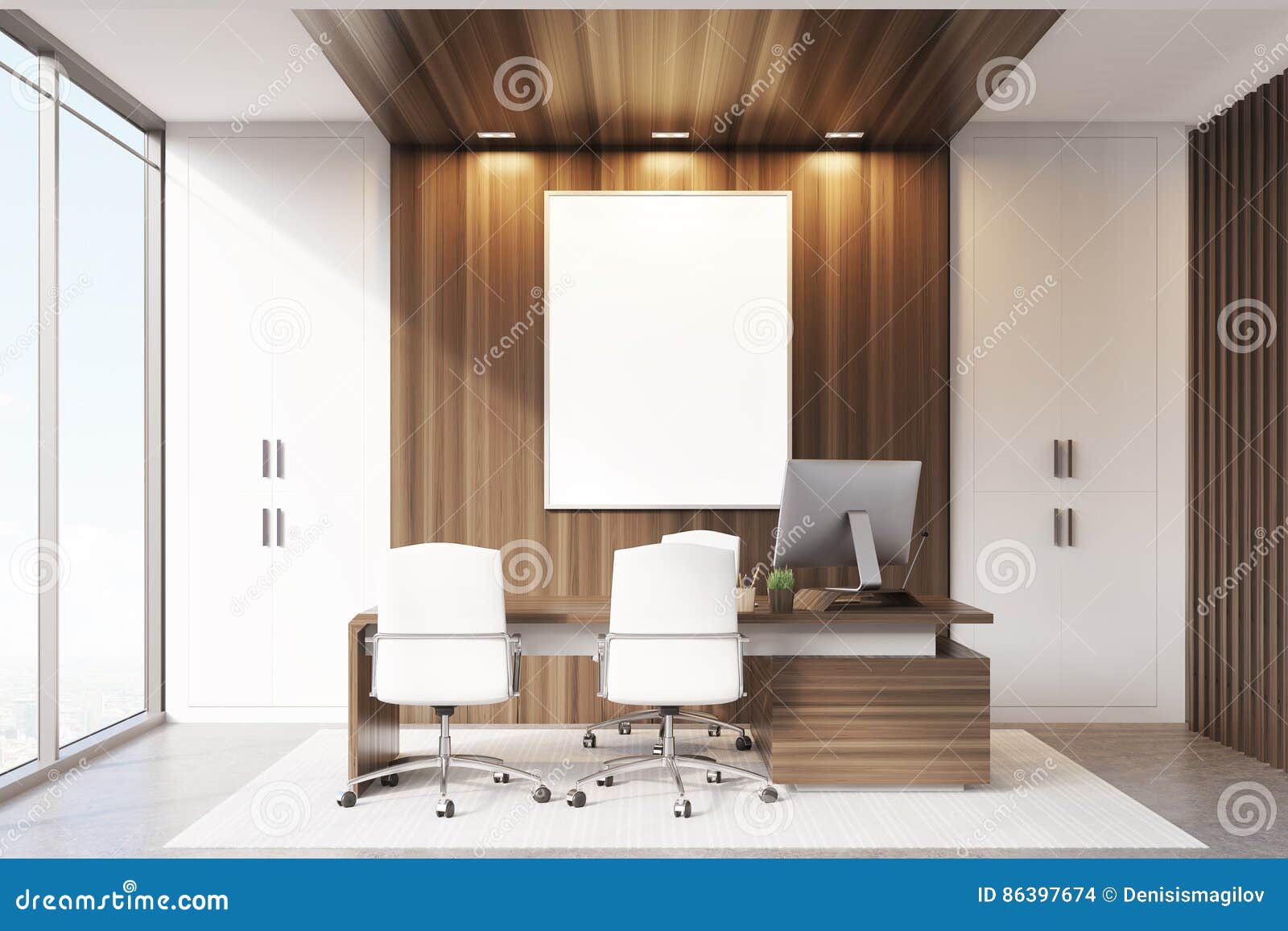 Ceo Office With Wood And Panoramic Windows Stock