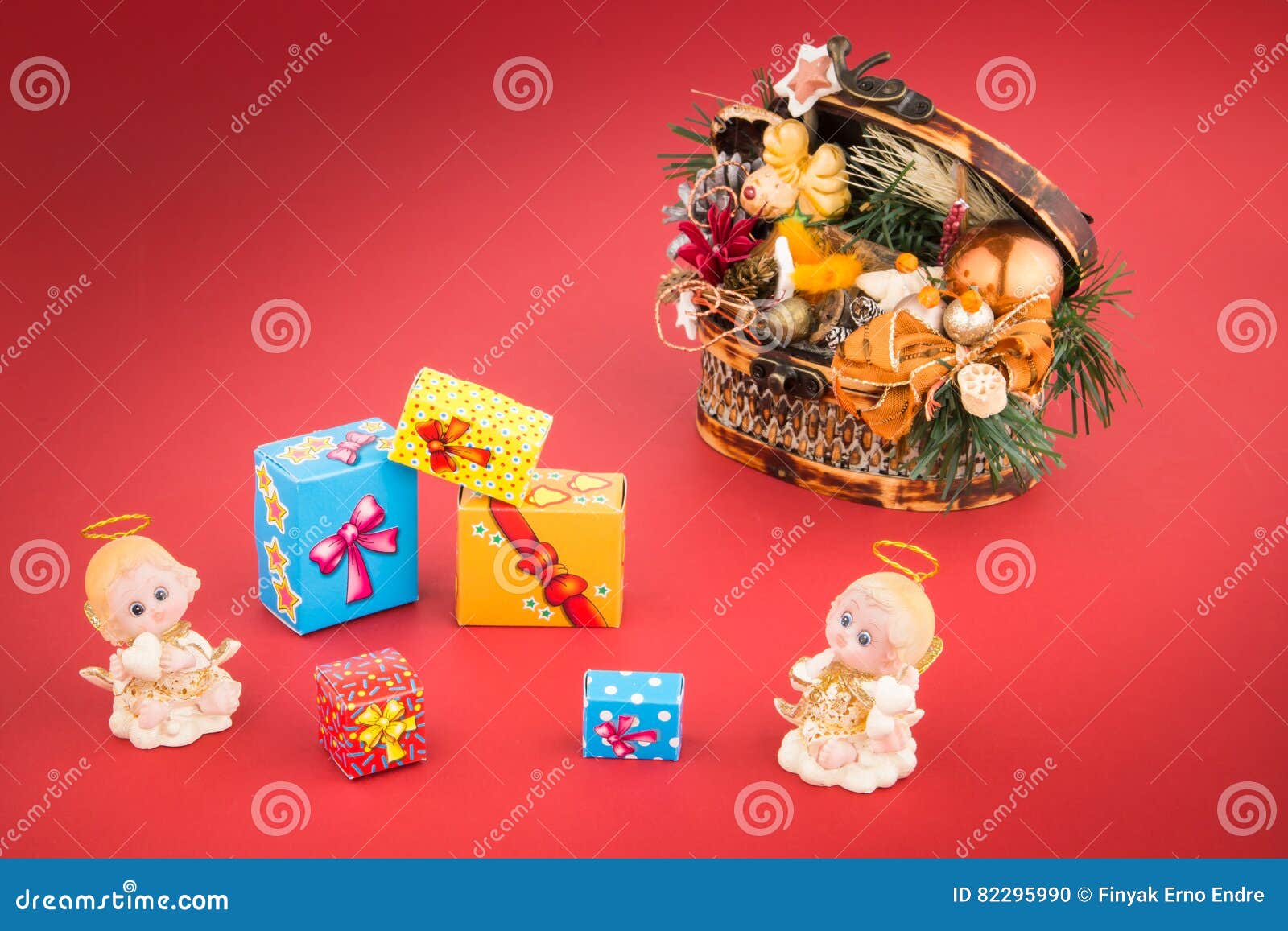 Ceramic Angels Christmas Decoration Coffer and Gift Boxes Stock Photo