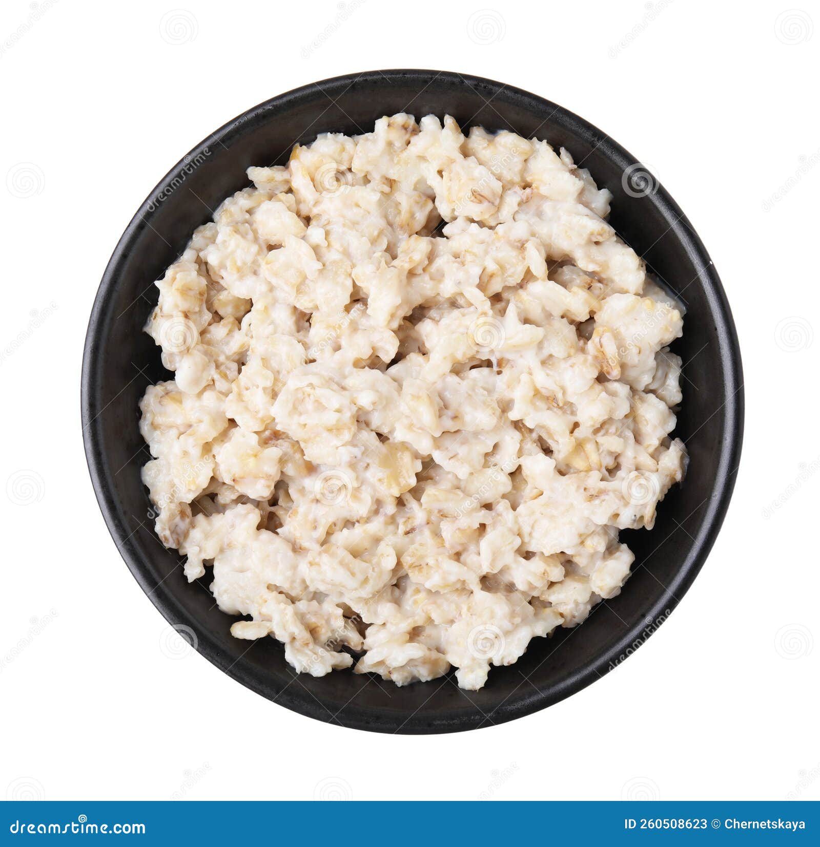 Ceramic Bowl with Oatmeal Isolated on White, Top View Stock Image