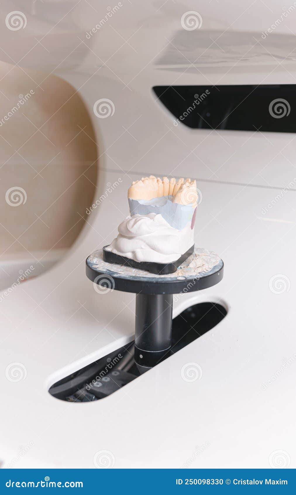 Ceramic or Cast Gypsum Denture Standing on a Support on a Table. Stock