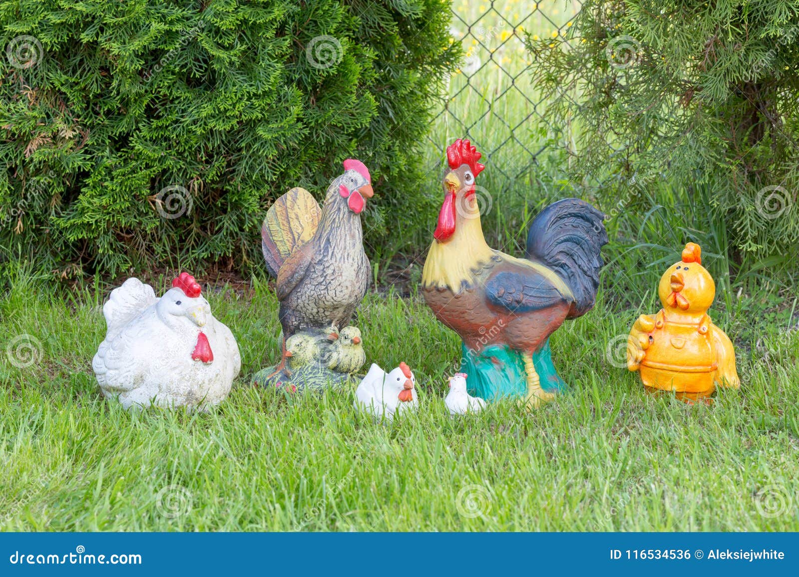 Ceramic Chicken Figures Garden Decoration. Stock Photo Image of