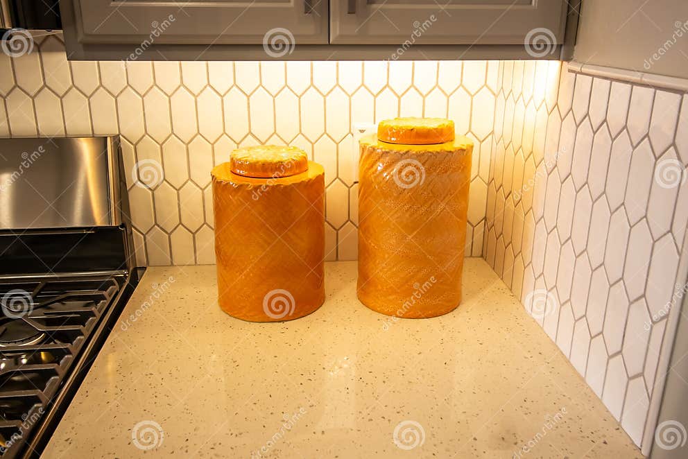 Ceramic Containers with Lids on Kitchen Counter Stock Image Image of