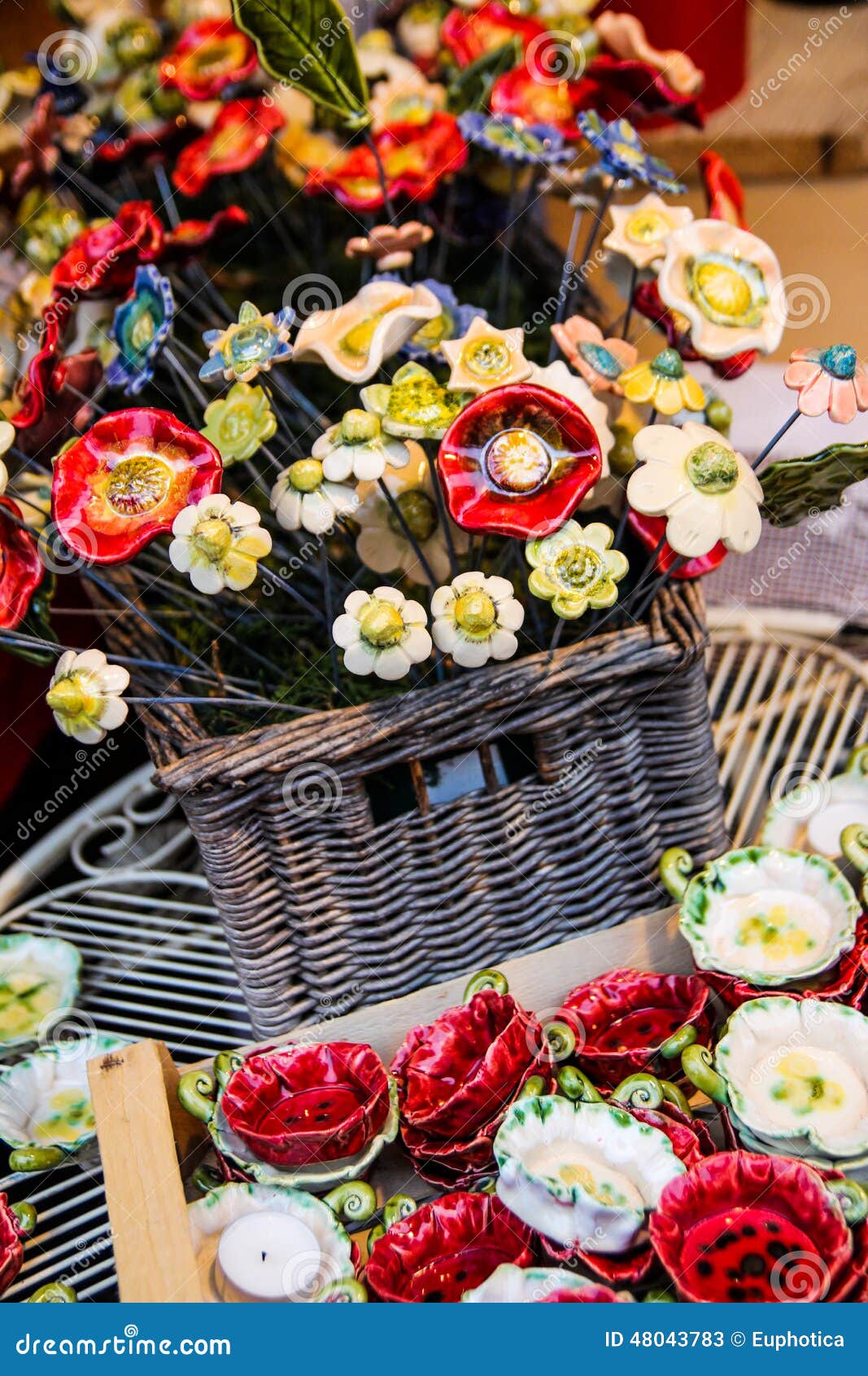 Ceramic Decorative Flowers in Wicker Basket Stock Image Image of