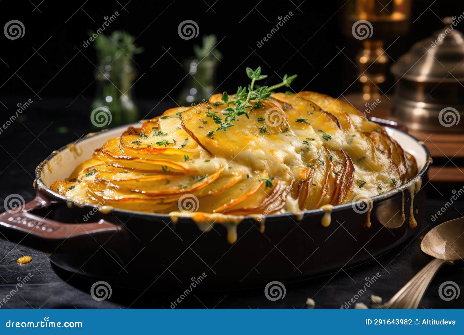 Ceramic Dish of Scalloped Potatoes Topped with Melted Cheese Stock