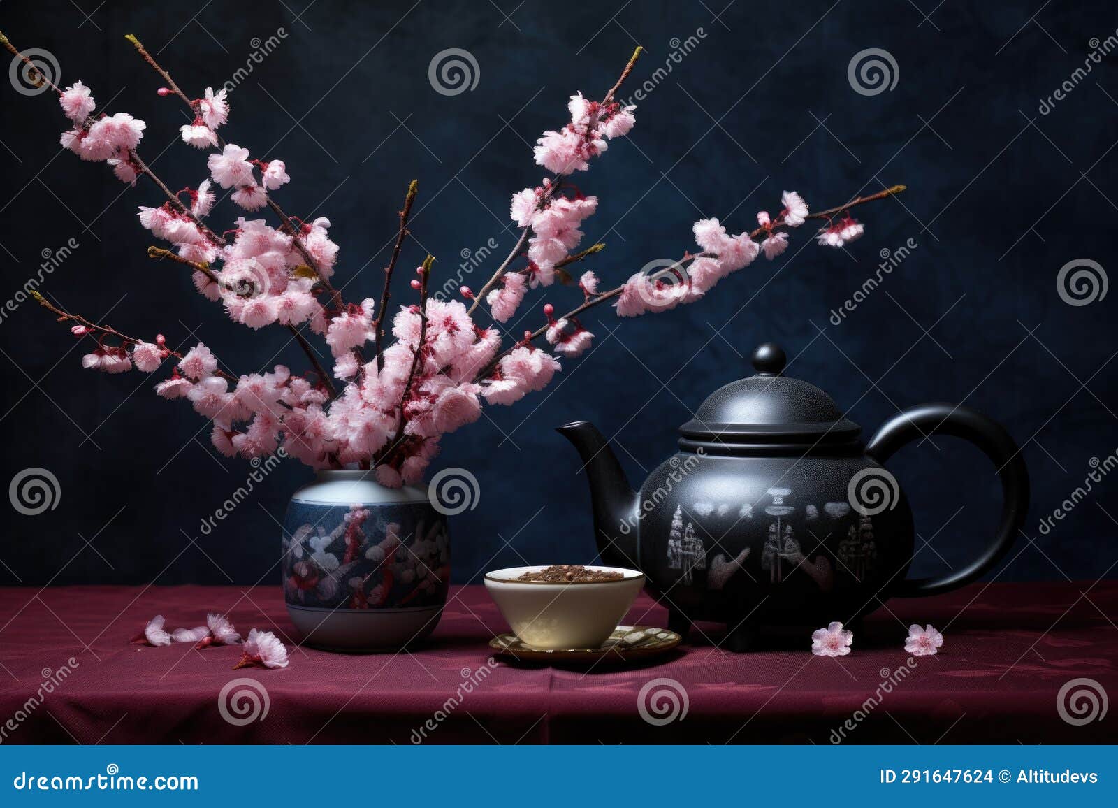 A Ceramic Japanese Teapot Surrounded by Cherry Blossoms Stock Photo