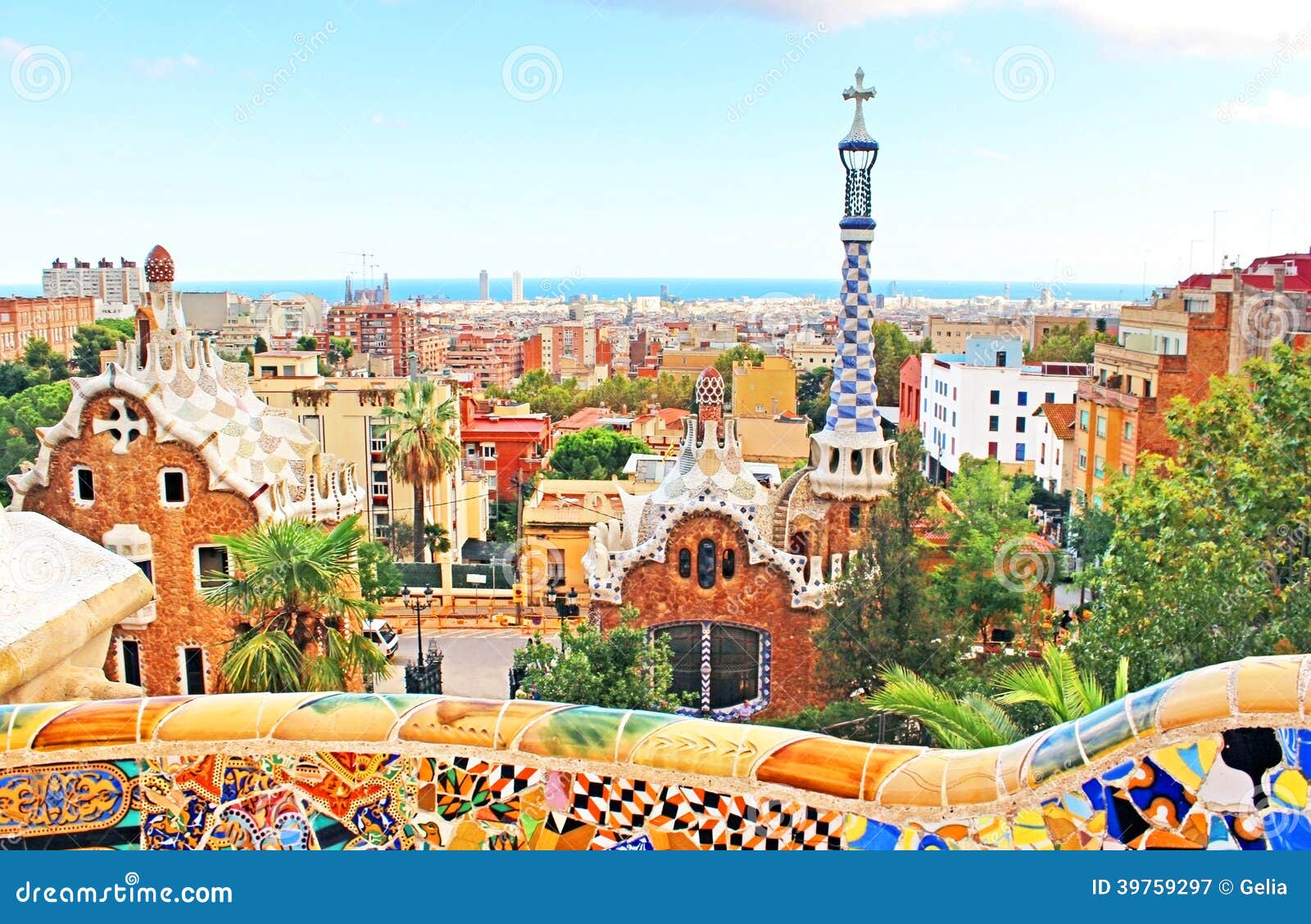 Ceramic mosaic Park Guell in Barcelona, Spain. Park Guell is the 