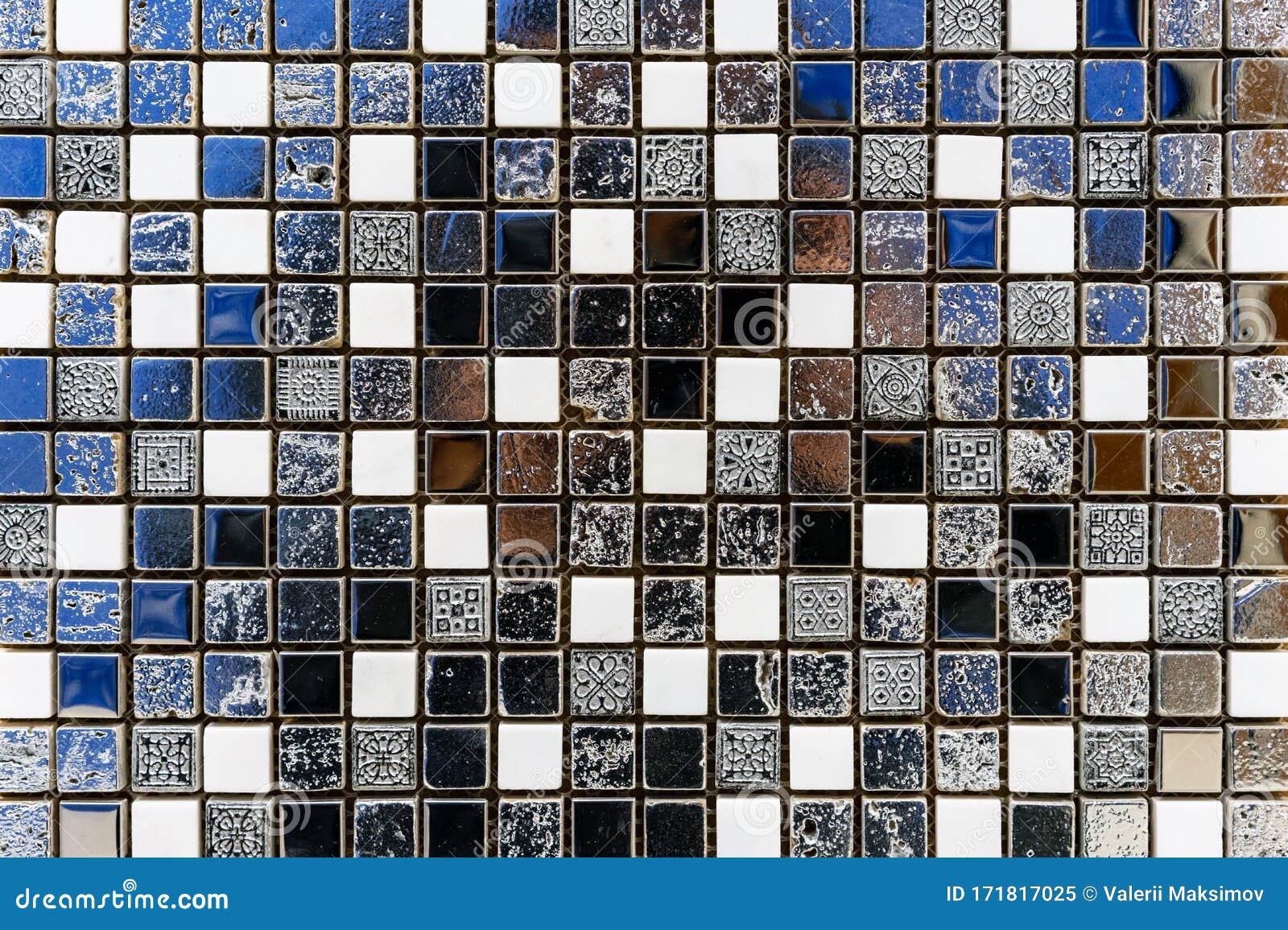 Ceramic Mosaic Tile in Antique Style with White, Black and Blue Squares