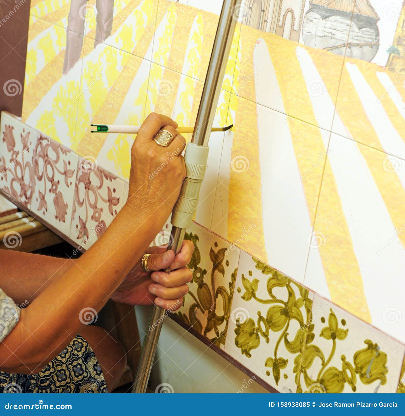 Ceramic Painter Who is Brushing a Tile Mosaic in a Traditional Editorial Image Image