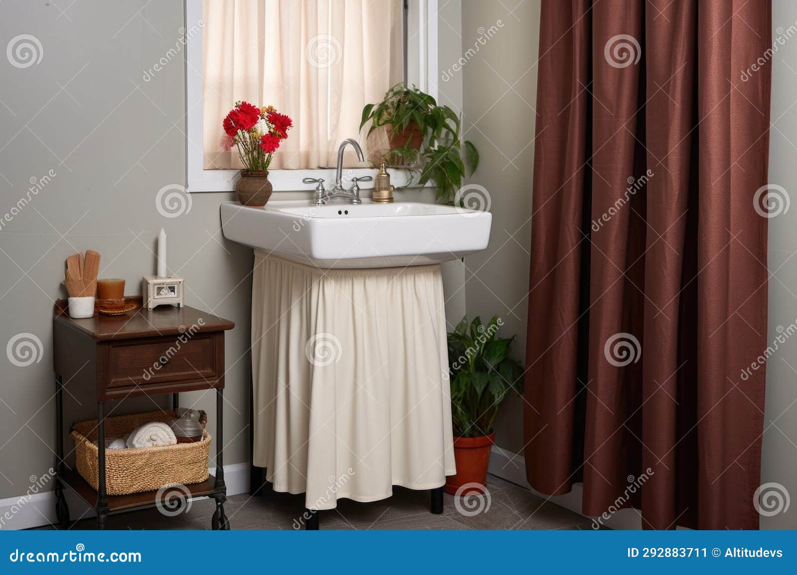 Ceramic Pedestal Sink with Undersink Curtain Hiding Storage Stock Image