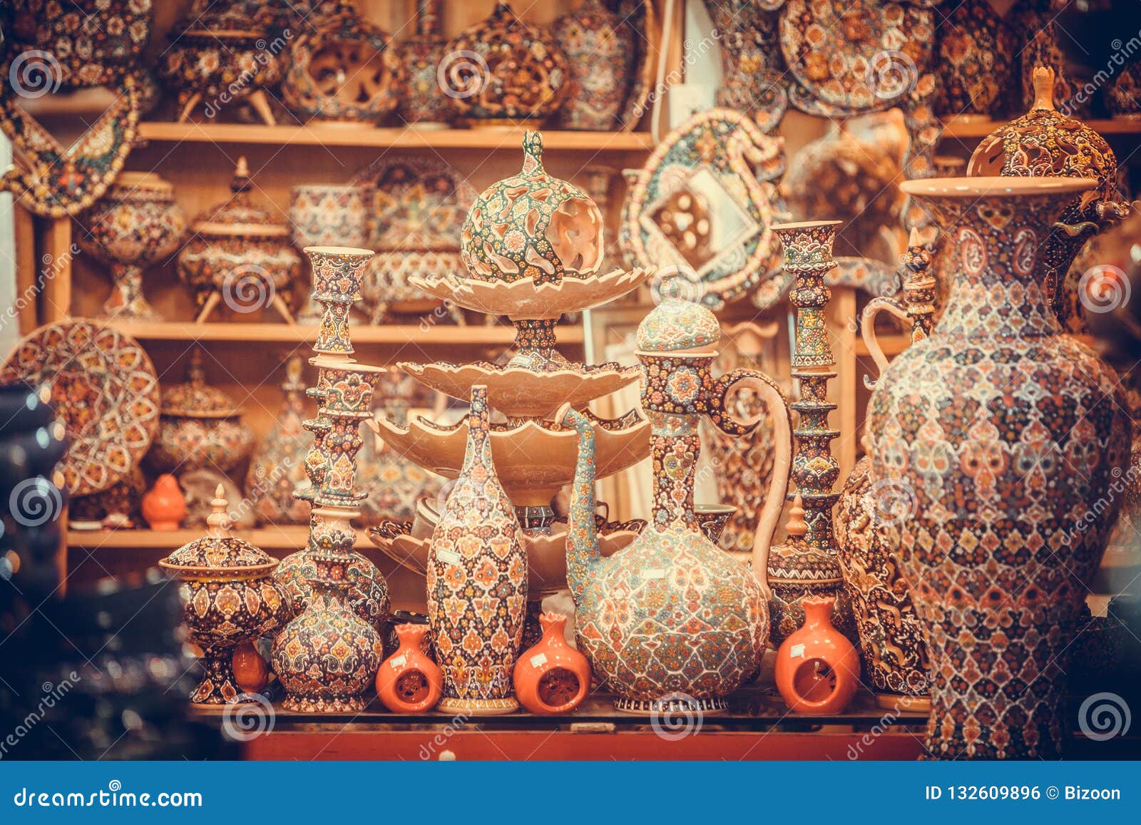 Ceramic pottery in a store stock photo. Image of color 132609896
