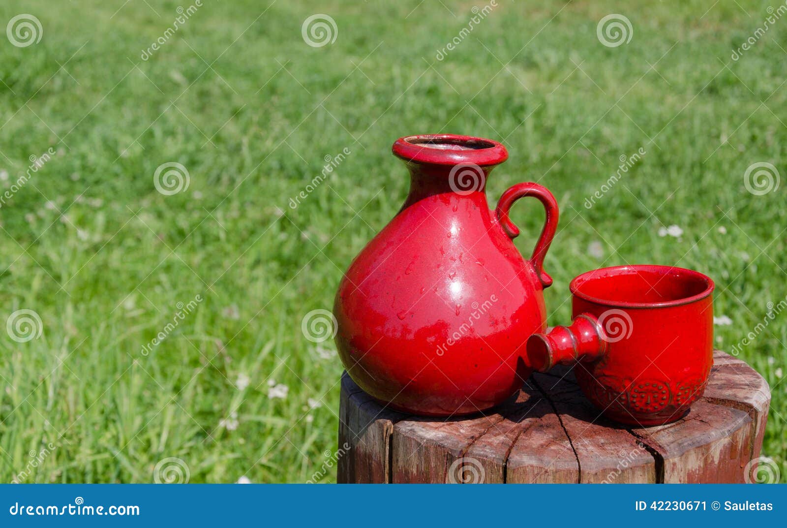 Ceramic Red Water Jug and Cup on Stump on Nature Stock Image Image of