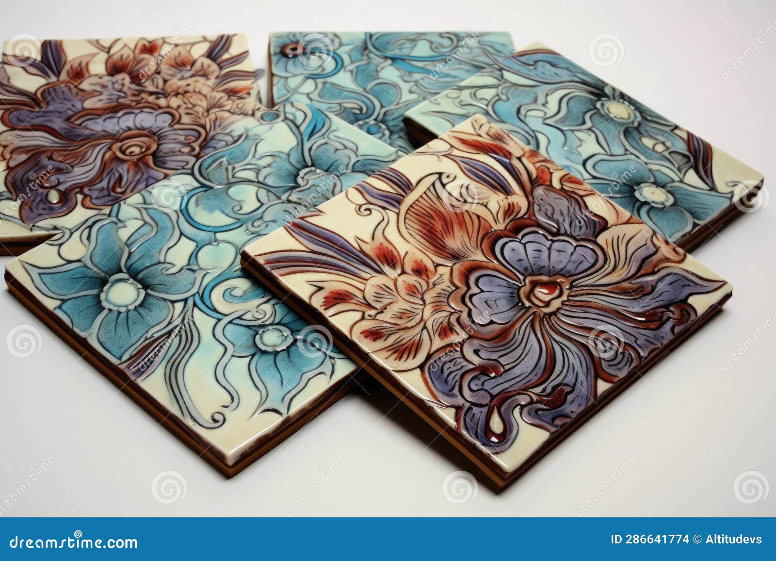 Ceramic Tiles with Beautiful Handpainted Designs Stock Photo Image