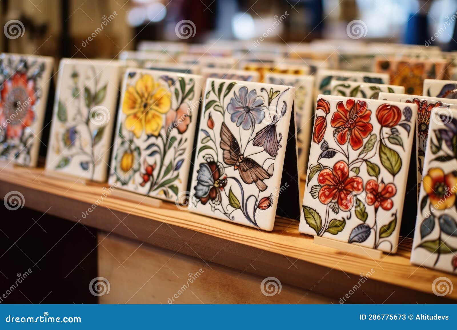 Ceramic Tiles with Handpainted Designs Arranged Stock Image Image of