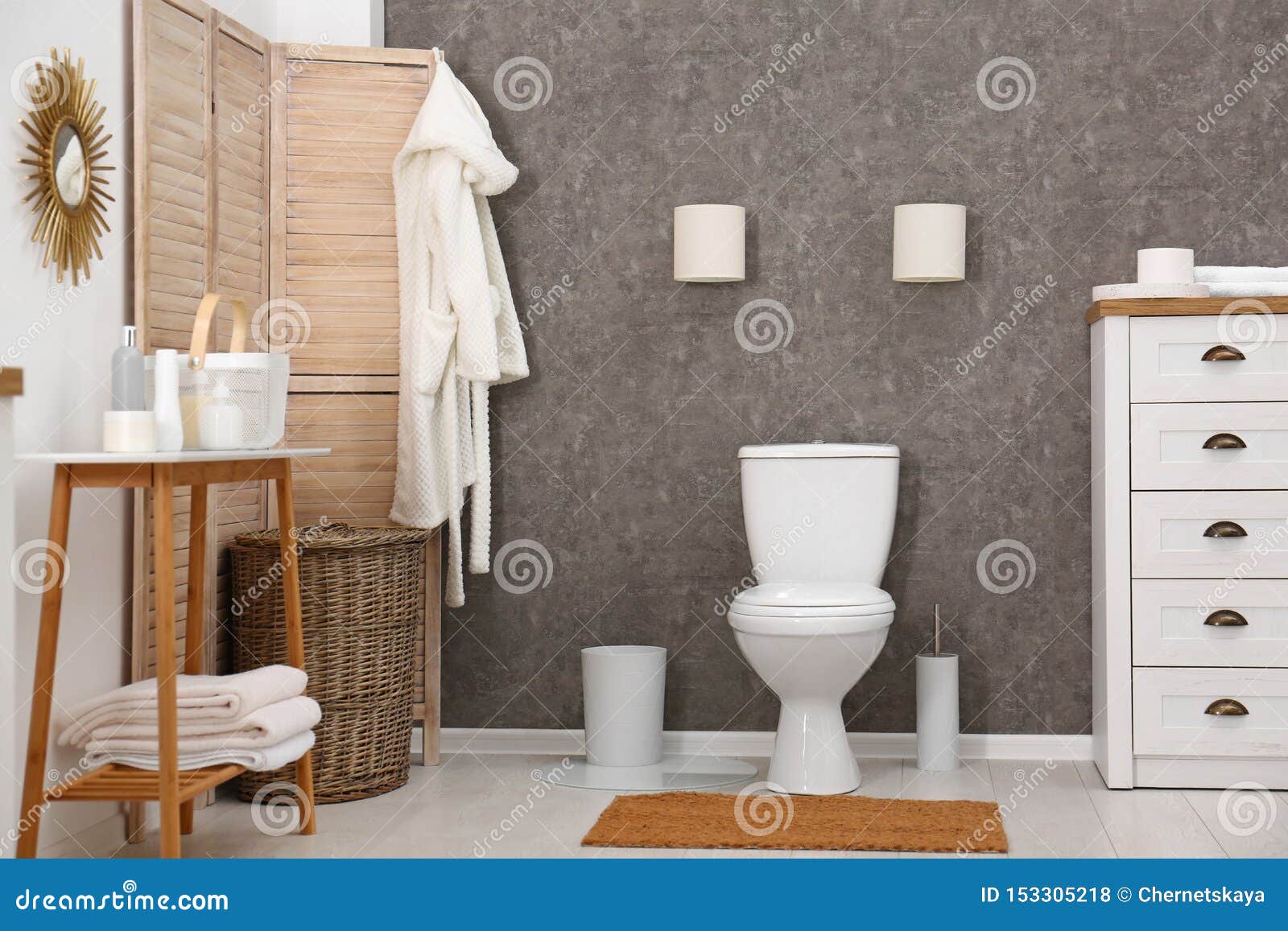 Ceramic Toilet Bowl in Stylish Bathroom. Idea for Interior Stock Photo