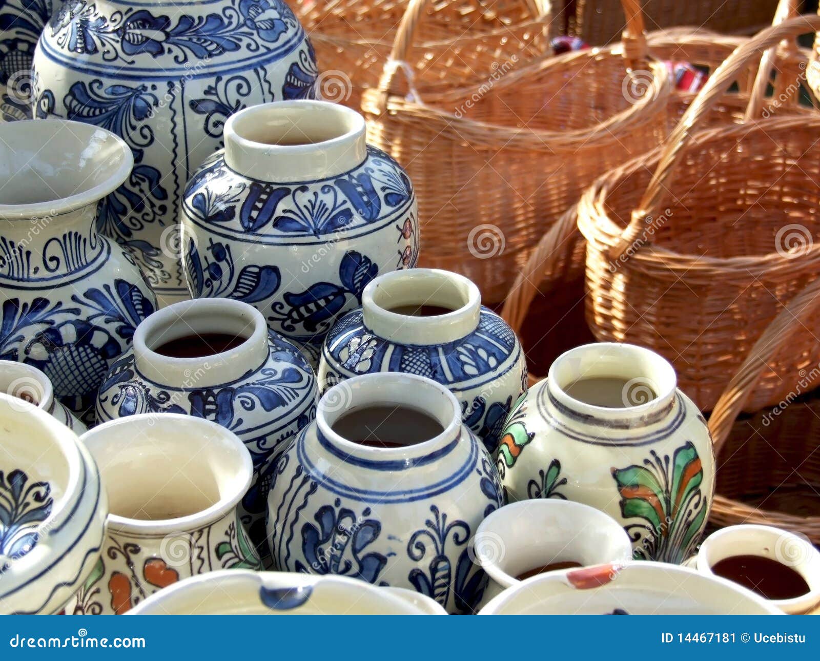 Ceramic Vases and Willow Basket Stock Image Image of used, empty