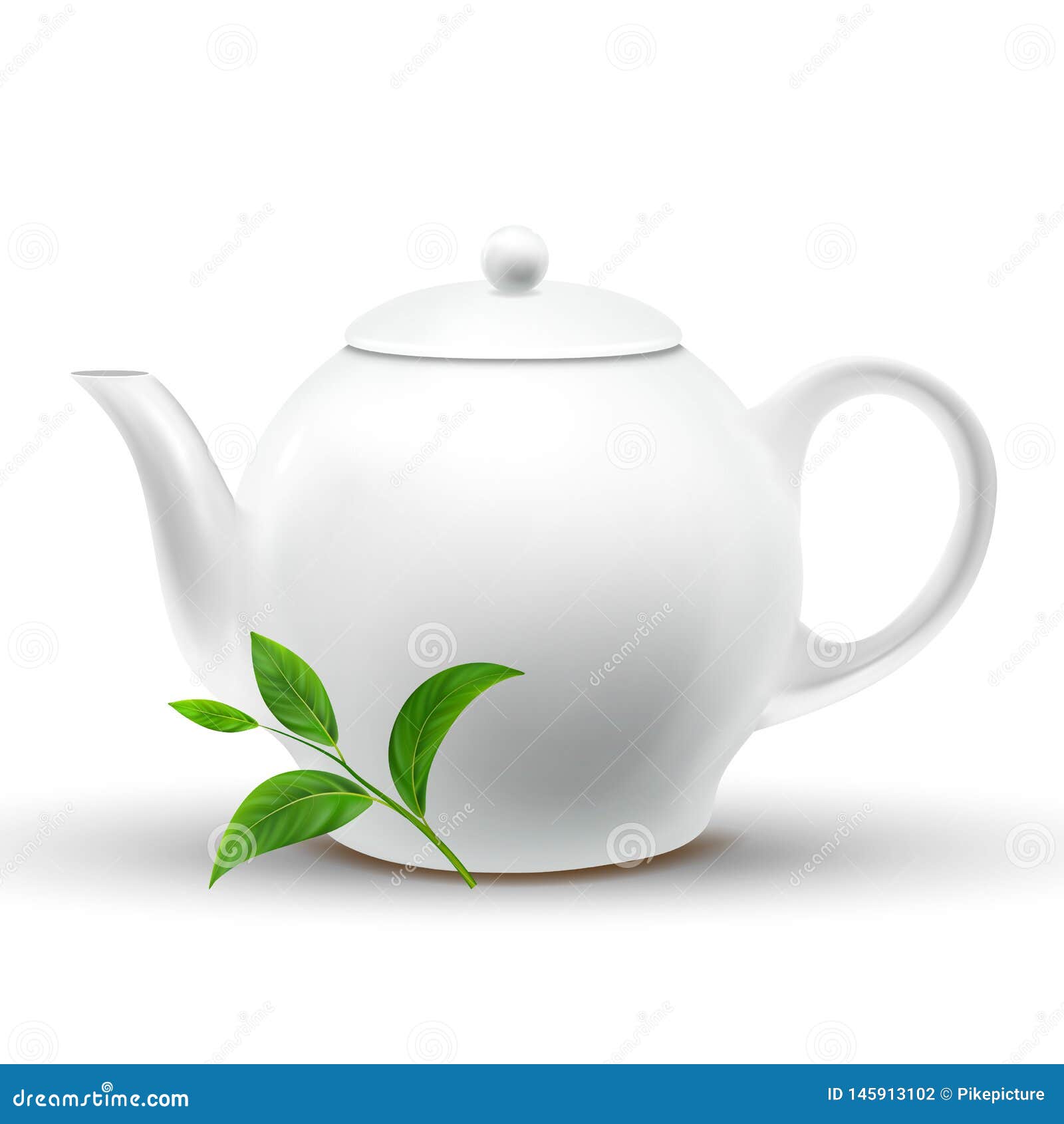 Download Ceramic White Teapot With Vector Green Tea Leaf Stock ...