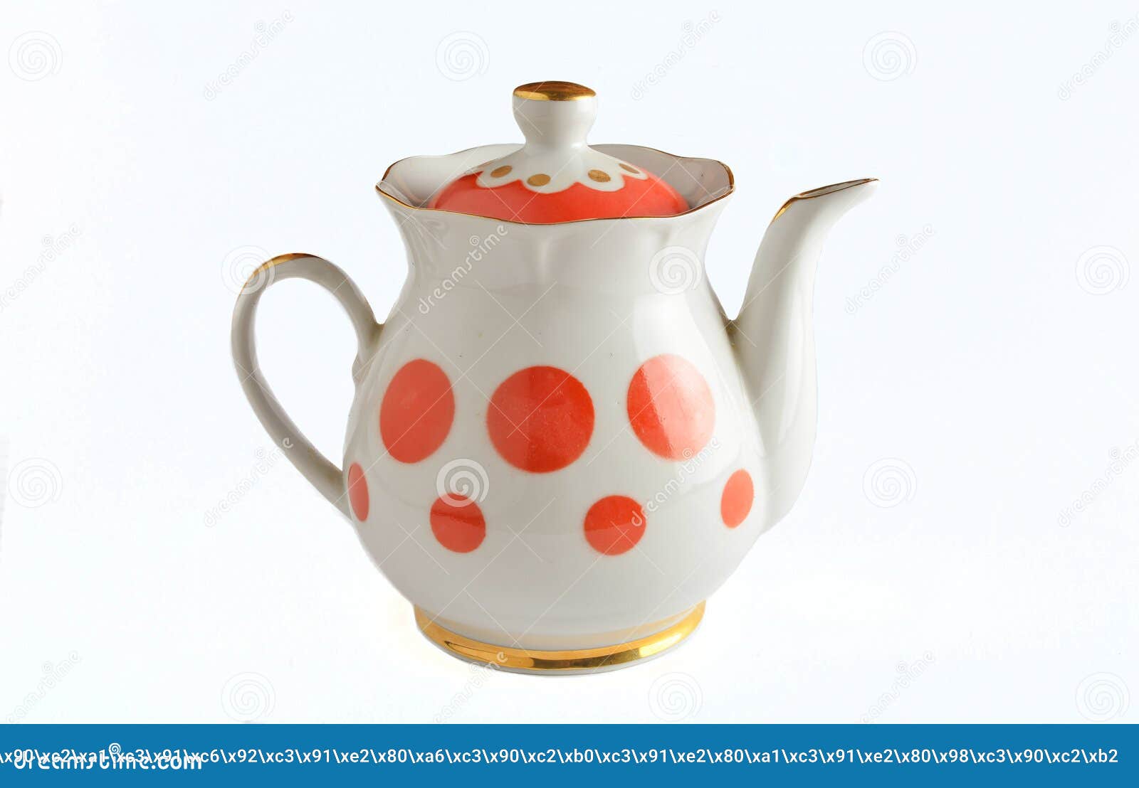 Ceramic White Teapots In Red Polka Dots On A White Background Stock