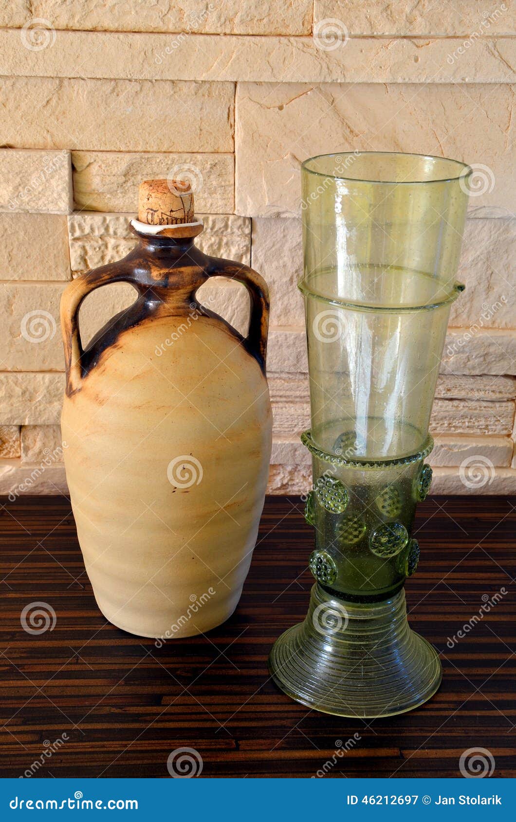 Ceramich Pitcher and Green Wine Glass Stock Image Image of romantic