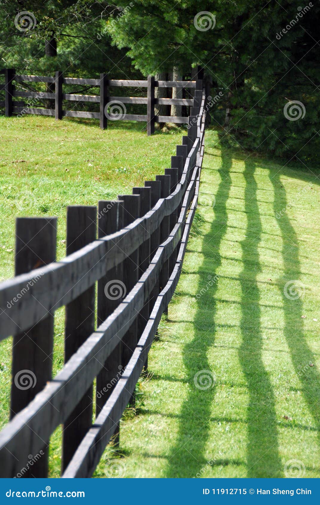 Cerca em um campo. Uma cerca que separa duas porções de uma exploração agrícola, moldando uma sombra na terra.