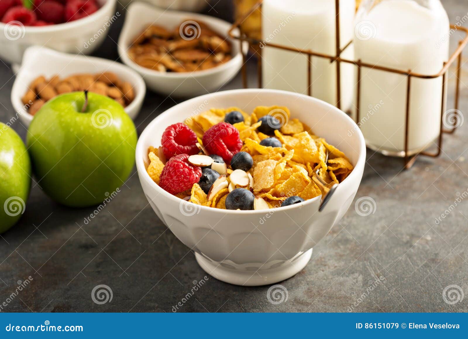 Cereal Bar Or Buffet Wih Cornflakes, Fruit And Nuts Stock Image Image