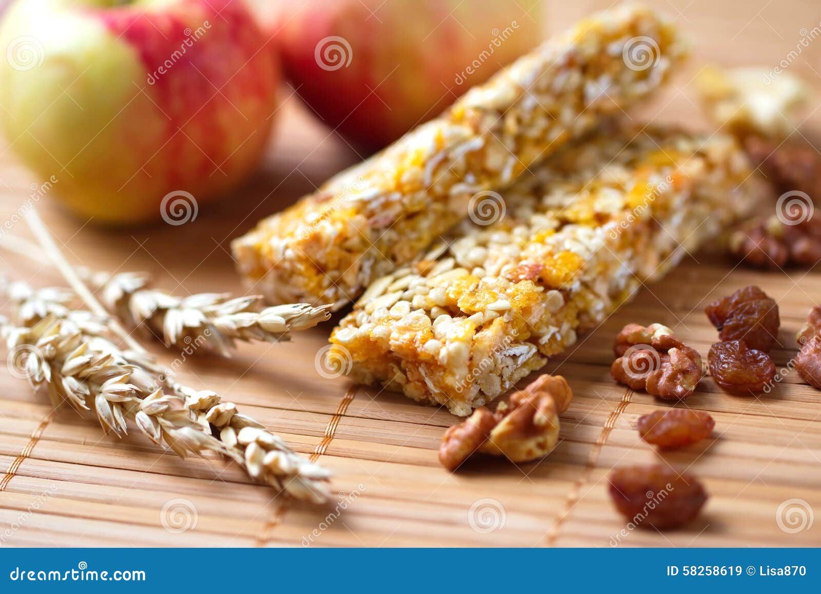 Cereal Bars of Granola with Apples, Nuts and Raisins Stock Image