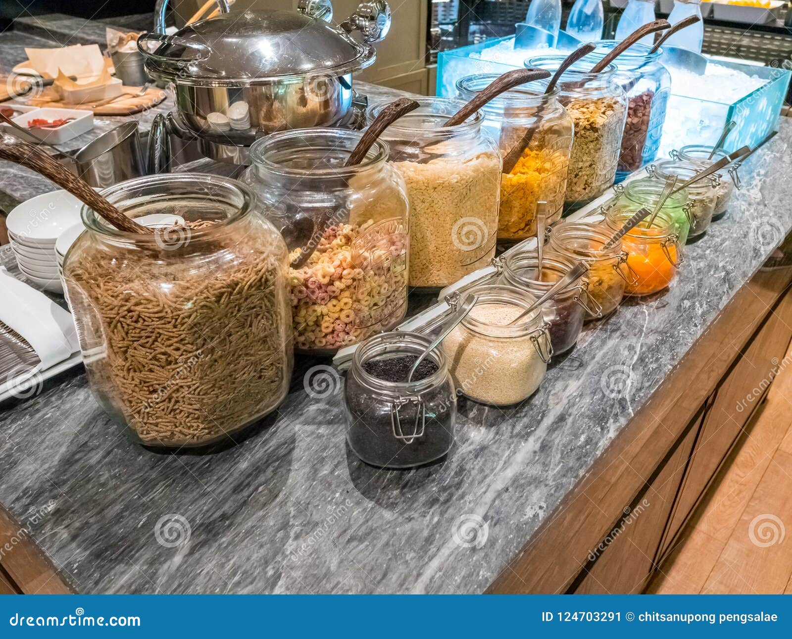 Cereals Healthy Breakfast Including and Jam Bar in the Hotel. Stock