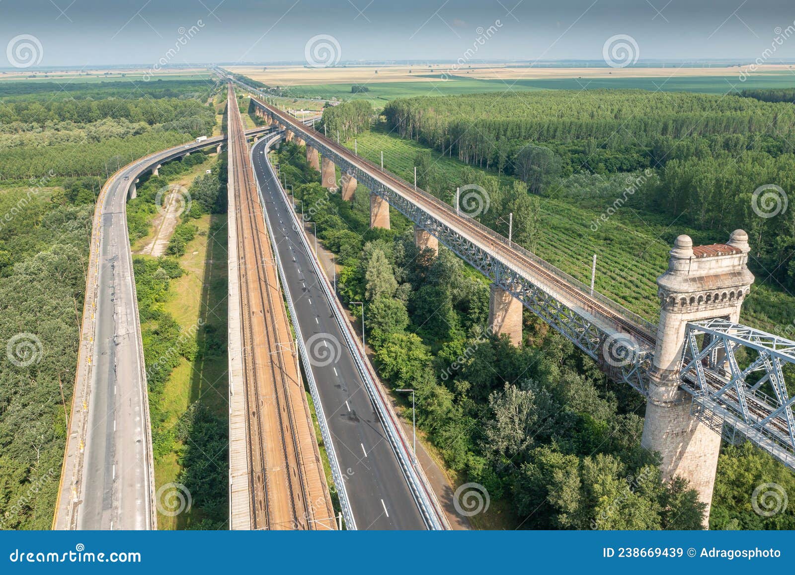cernavoda bridge over danube. aerial view of this landmark construction in romania on a2 highway