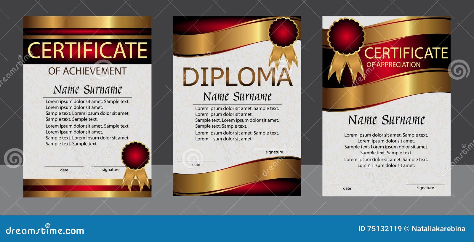 certificate of achievement, appreciation, diploma vertical template. set red and gold. reward. award winner. winning