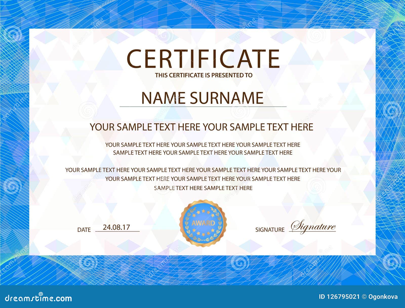 Certificate Vector Template. Formal Secured Blue Border Guilloche Intended For Formal Certificate Of Appreciation Template