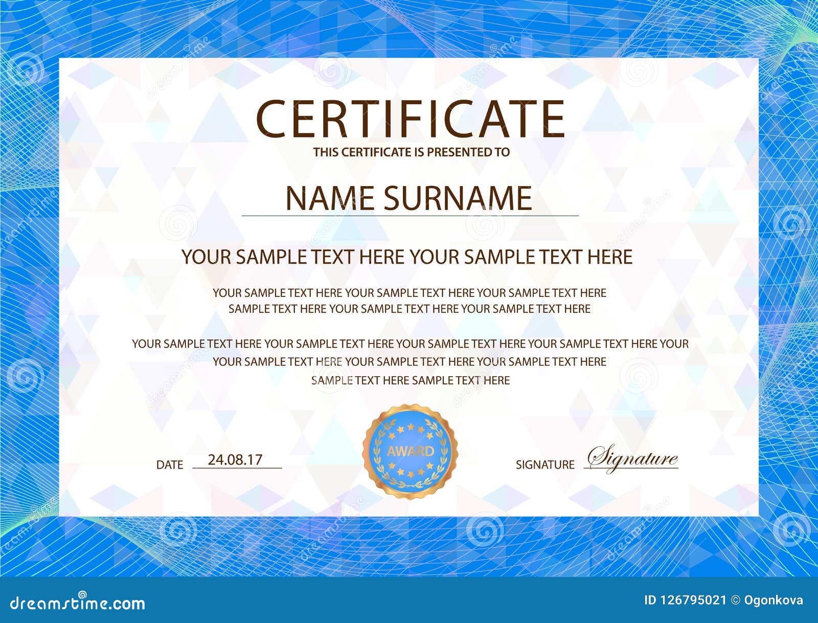 Certificate Vector Template. Formal Secured Blue Border Guilloche Intended For Officer Promotion Certificate Template