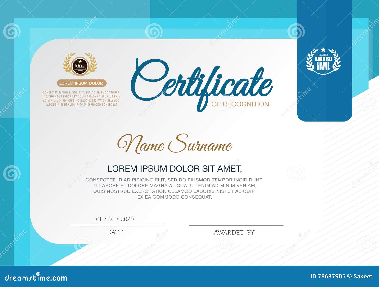Certificate of Achievement Frame Design Template,blue. Stock Vector