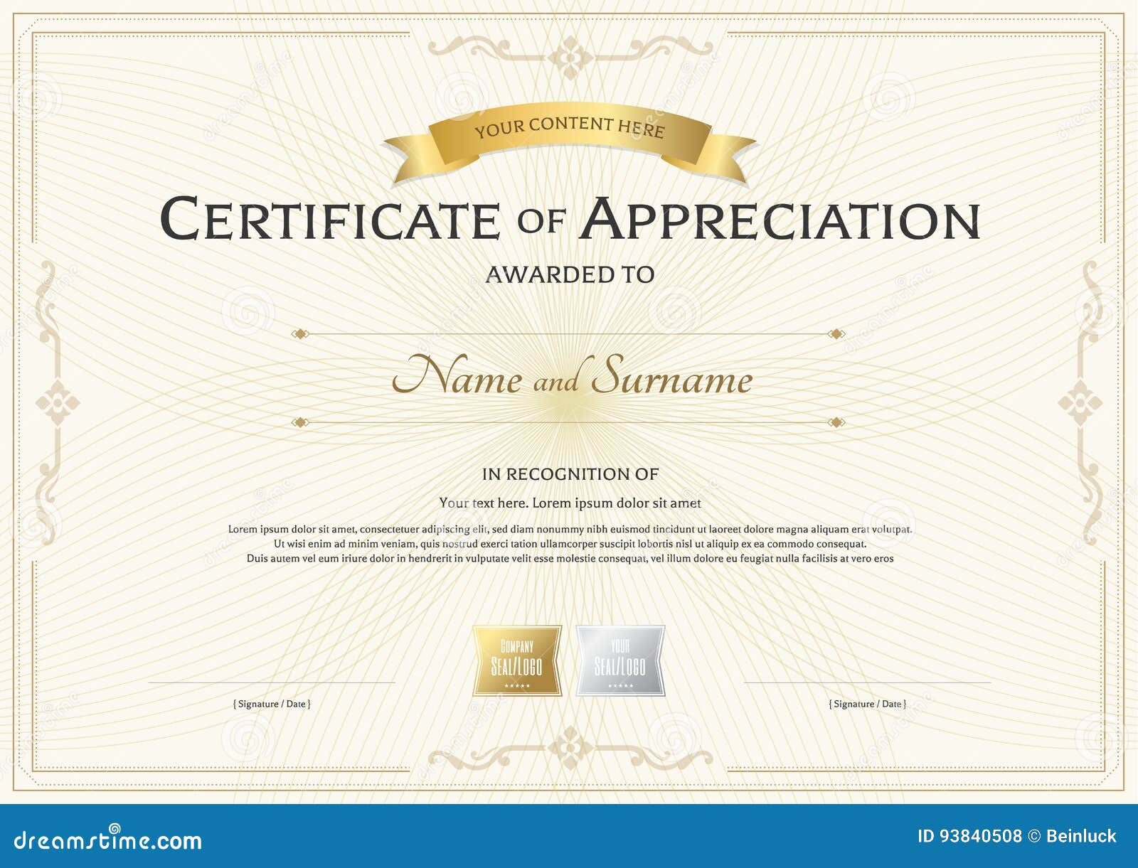 certificate of appreciation template with gold award ribbon on a