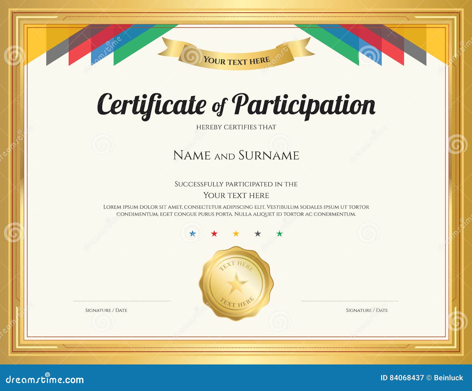 Certificate of Participation Template with Gold Border Stock In Certificate Of Participation Template Word