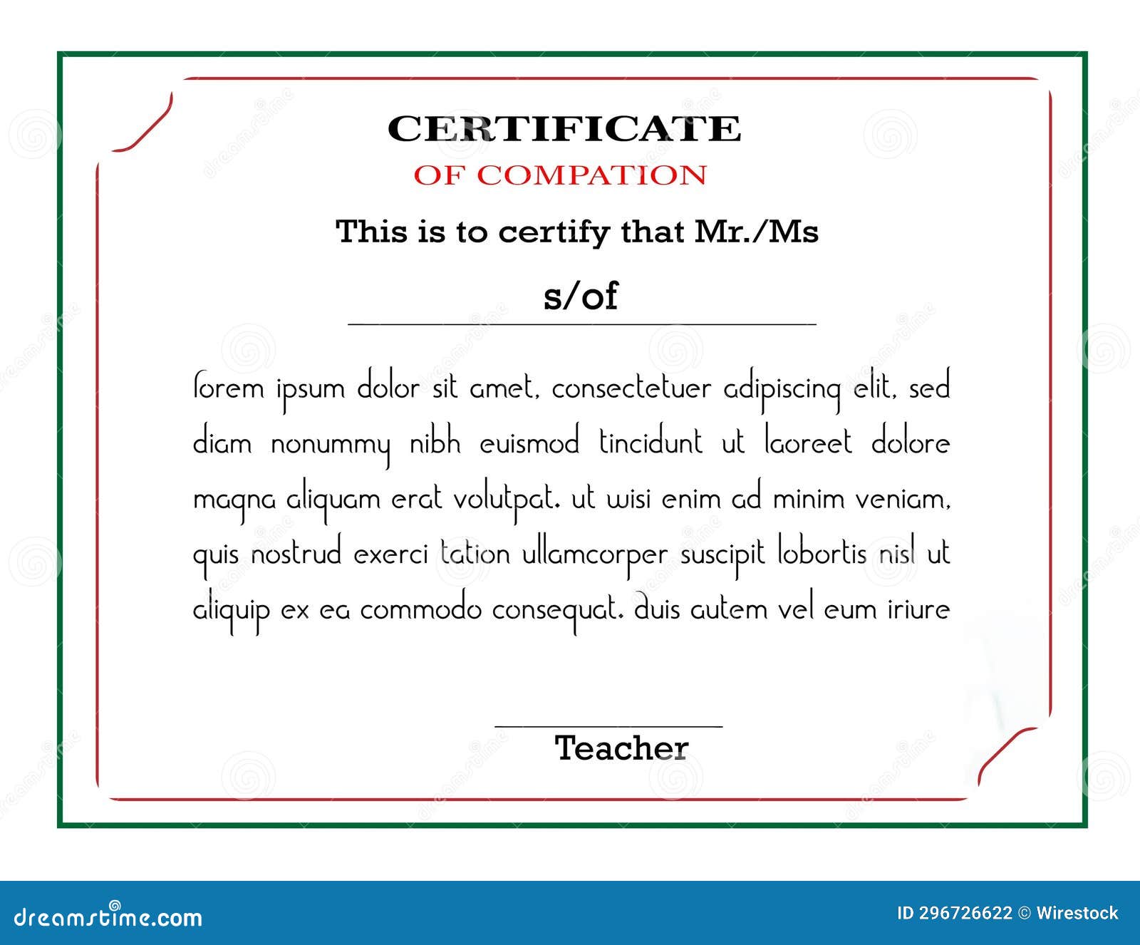 a certificate for the teacher with a red border and white writing