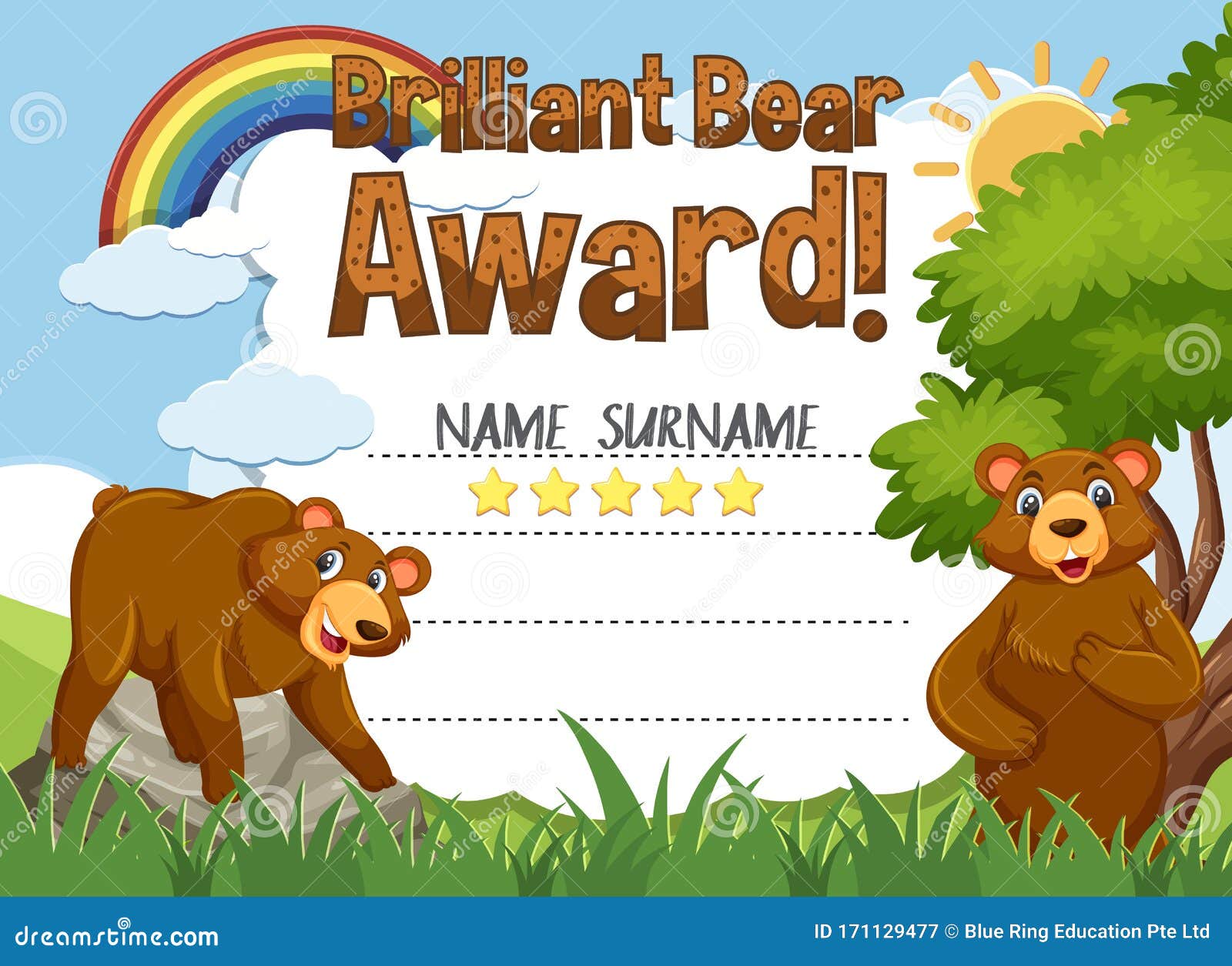 Certificate Template for Brillant Bear Award with Bears in the Park