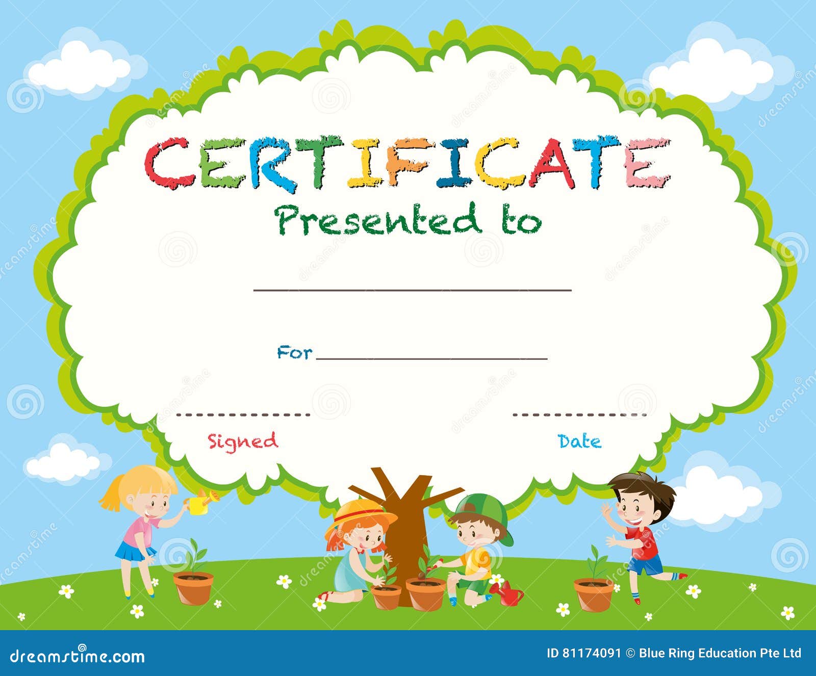 Certificate Template with Kids Planting Trees Stock Vector Intended For Free Printable Certificate Templates For Kids