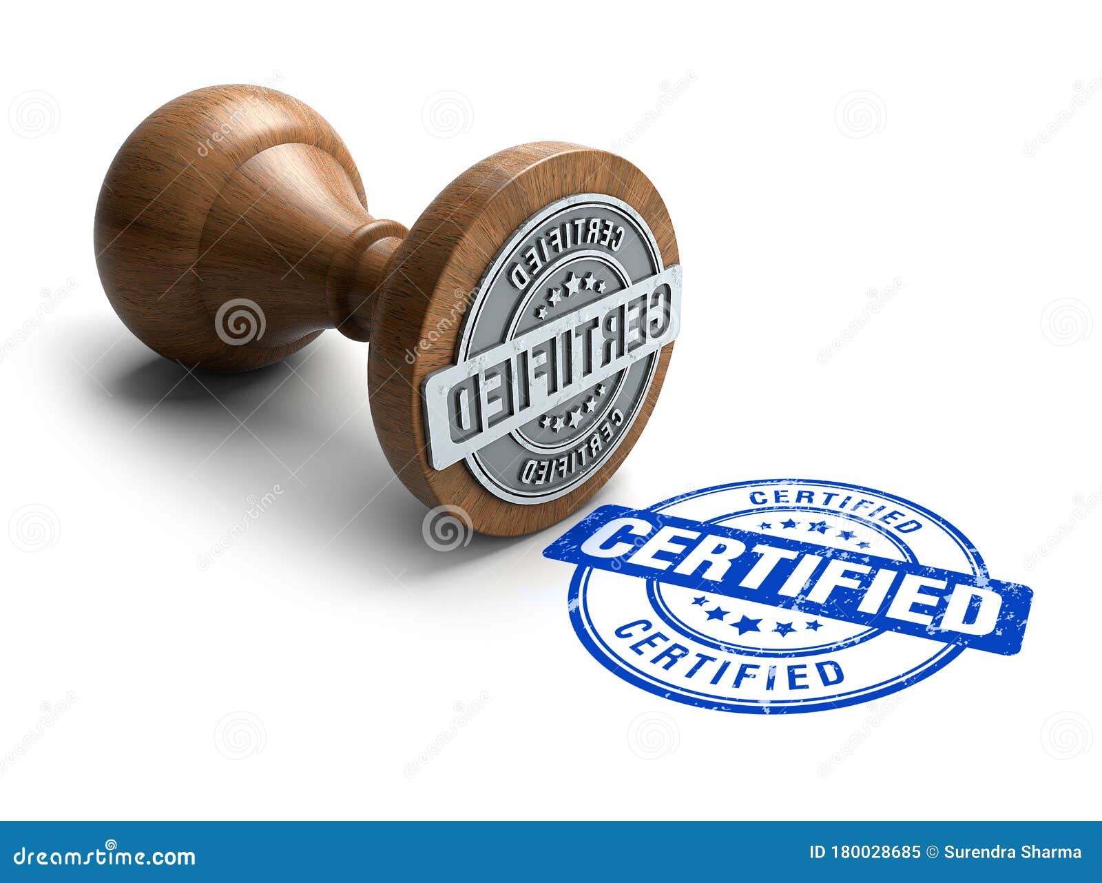 Certified Stamp. Wooden Round Stamper and Stamp with Text Certified on