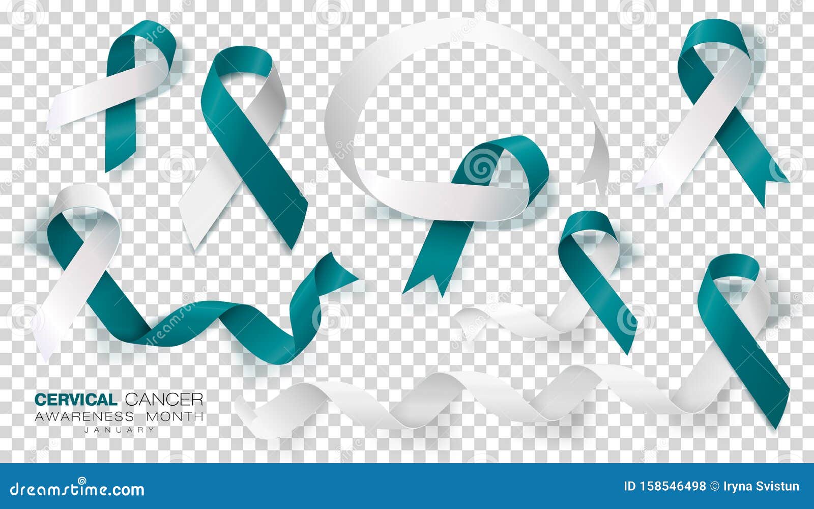 cervical cancer awareness month. teal and white ribbon  on transparent background.   template for