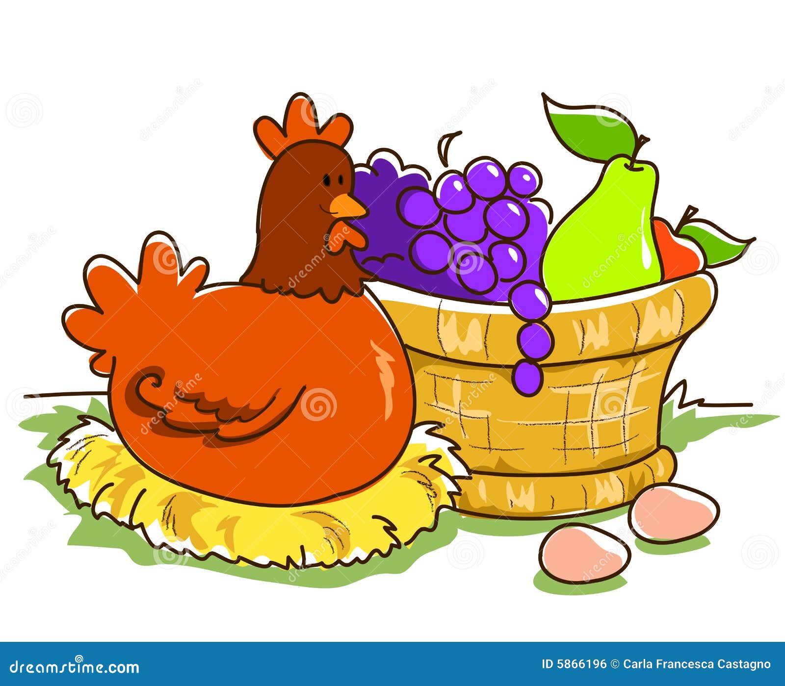 Cesta y gallina de fruta. Una ilustración vectorial de una gallina feliz de la historieta en su jerarquía cerca de una cesta de fruta.
