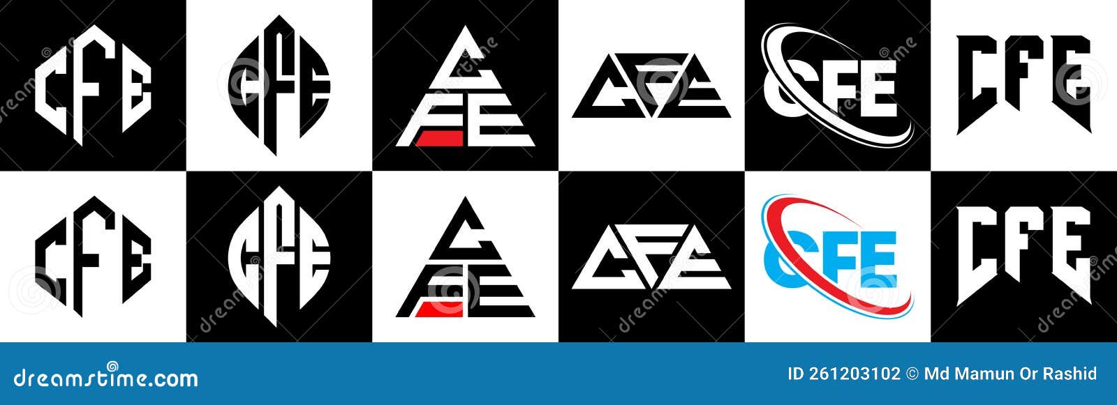 cfe letter logo  in six style. cfe polygon, circle, triangle, hexagon, flat and simple style with black and white color