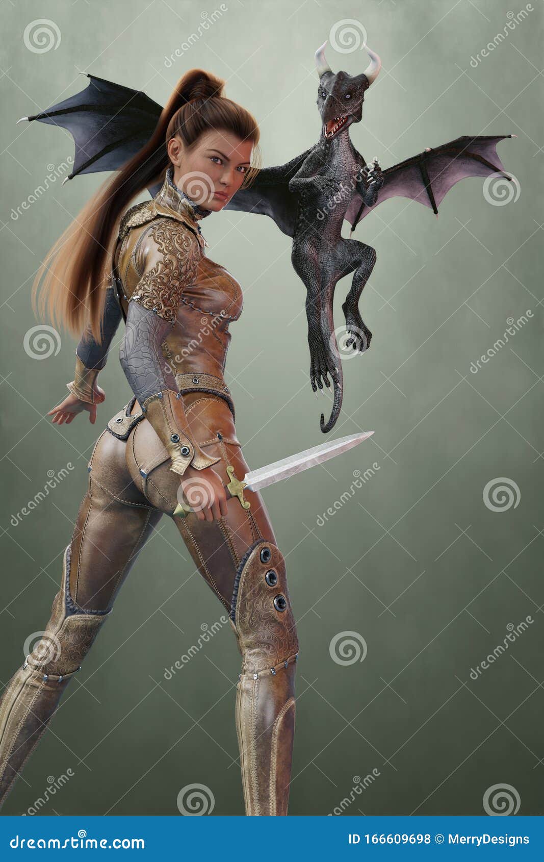 cg fantasy woman dragon keeper her young hatchling rendering beautiful leather suited warrior ready to fight pose 166609698