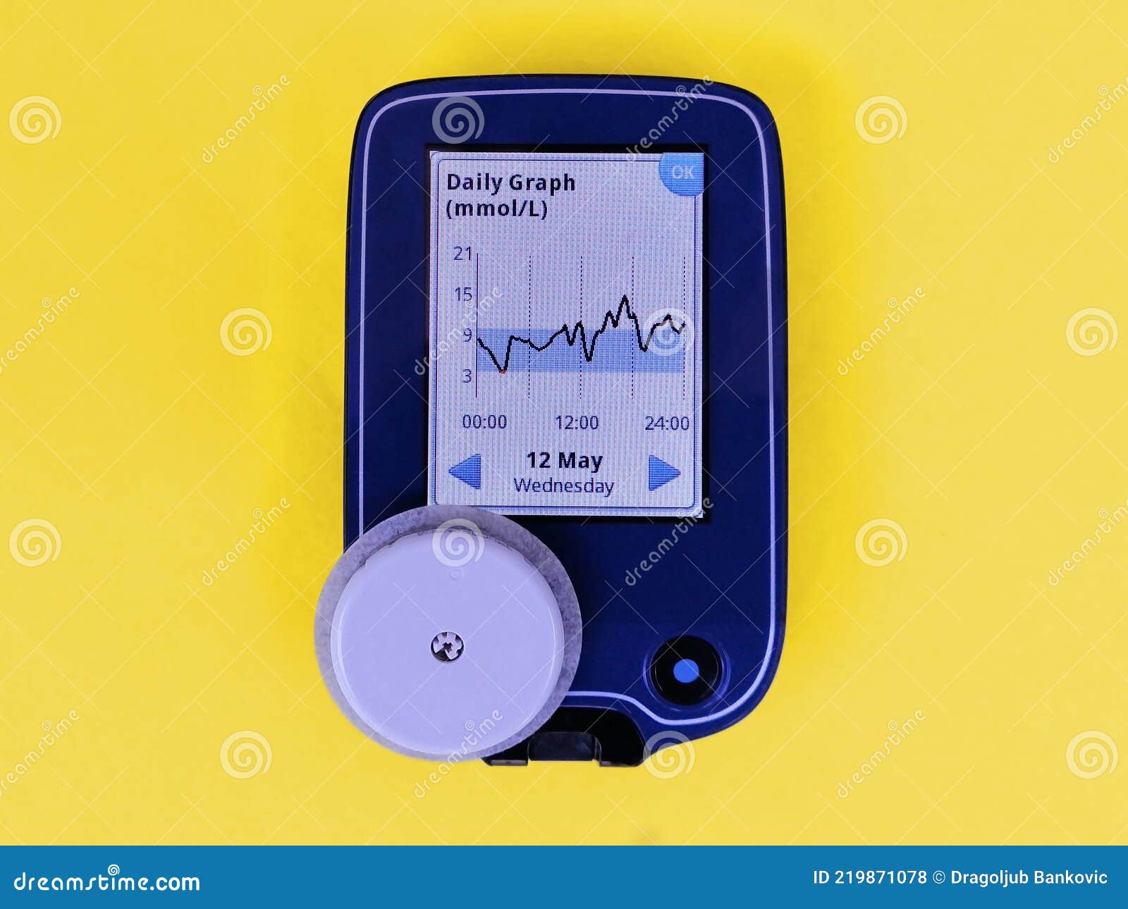 cgm device for continuous glucose monitoring and white sensor. daily graph on screen. yellow background.