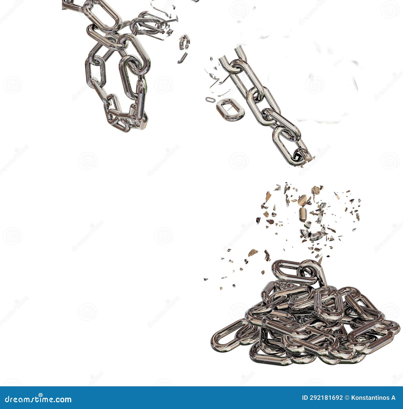 Chain Breaking, Fallen Down Isolated Vertical for Background 3d Rendering Stock Photo
