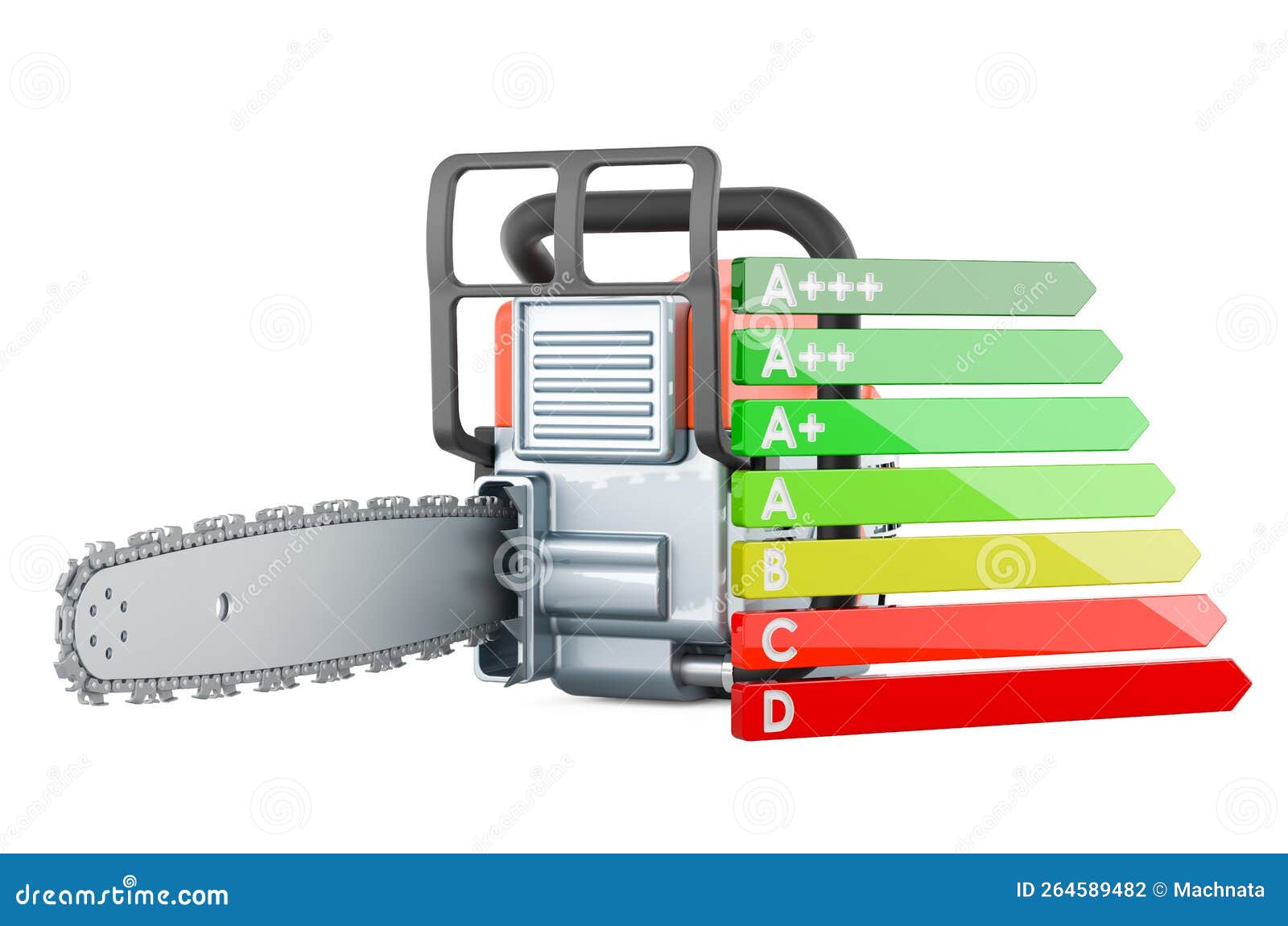 Chain Saw with Energy Efficiency Chart, 3D Rendering Stock Illustration