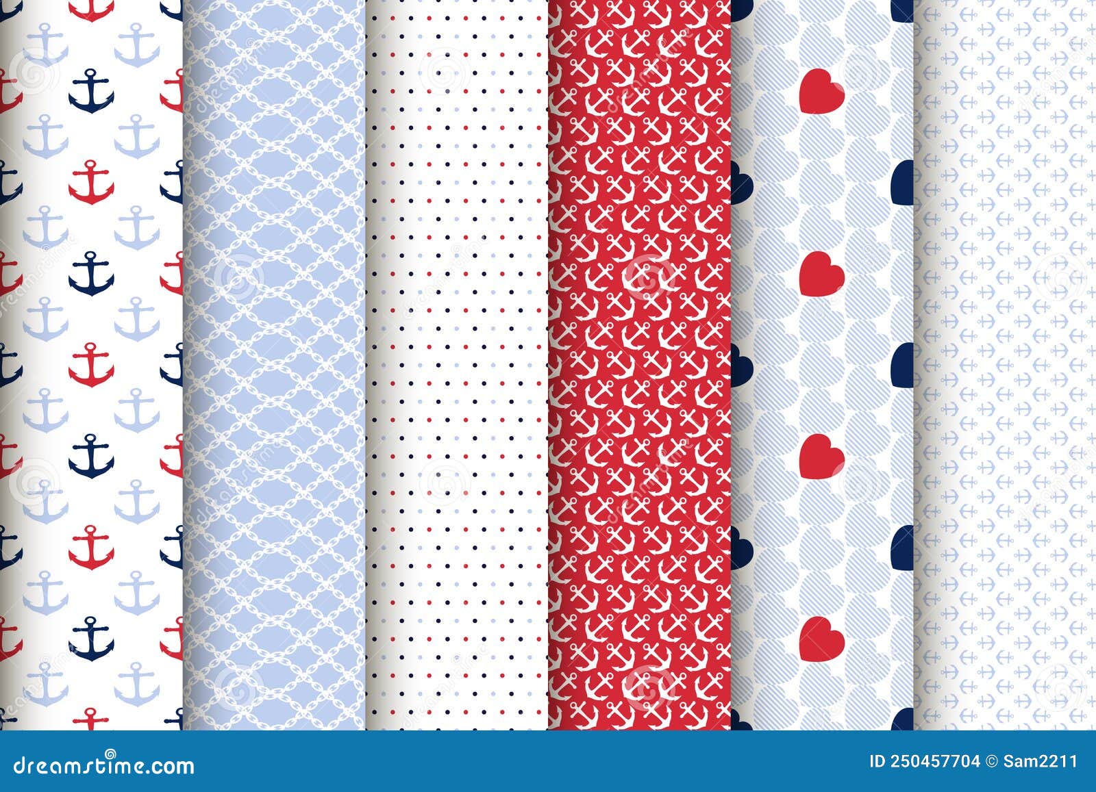 chains, anchors, rope, polka dot seamless pattern backgrounds set