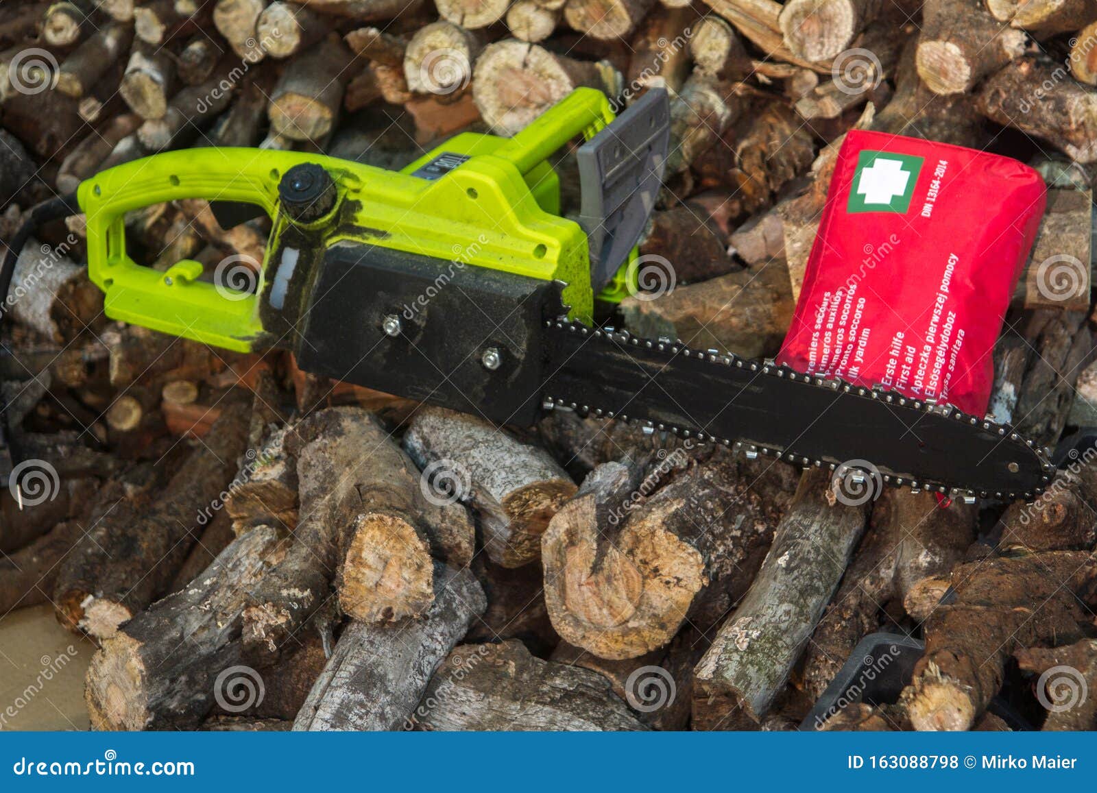 Chainsaw Blade with First Aid Kit To Indicate Injury or Incident at